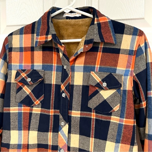 Boys Plaid Flannel Fleece Jacket Sz XXL Button Up Warm Collar Blue Tan Orange - Picture 6 of 11